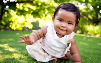 Cute baby girl with a smile on her face, reaching out to take her first crawling step on a lush green lawn at an outdoor park
